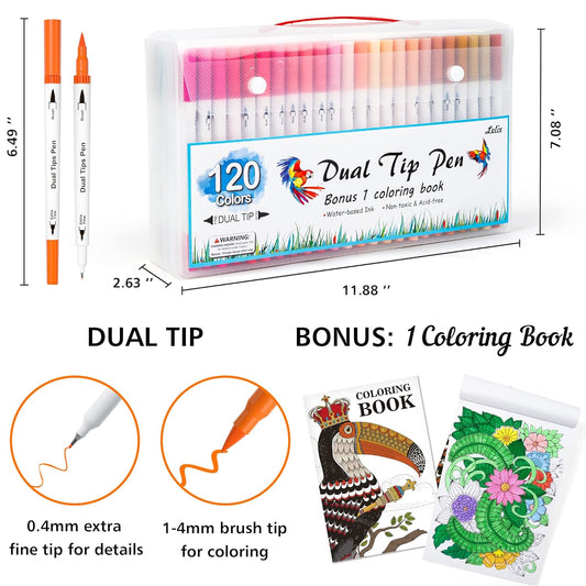 Qatalitic  120 Colors Dual Tips Brush Pens Art Markers with a Coloring Book, Brush and Fine Point Pens Fineliner for Adults Kids Coloring Books Calligraphy Journaling Lettering Drawing