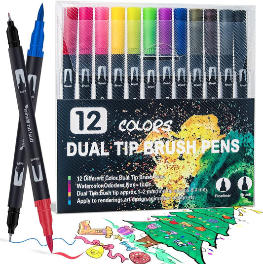 Qatalitic 12 Shades Dual Tip Brush Marker Pens Set For Coloring Calligraphy Art Work Double Sided Markers For Kids Adult Artist, Journal, Doodling, Writing, Coloring Books, Multicolor