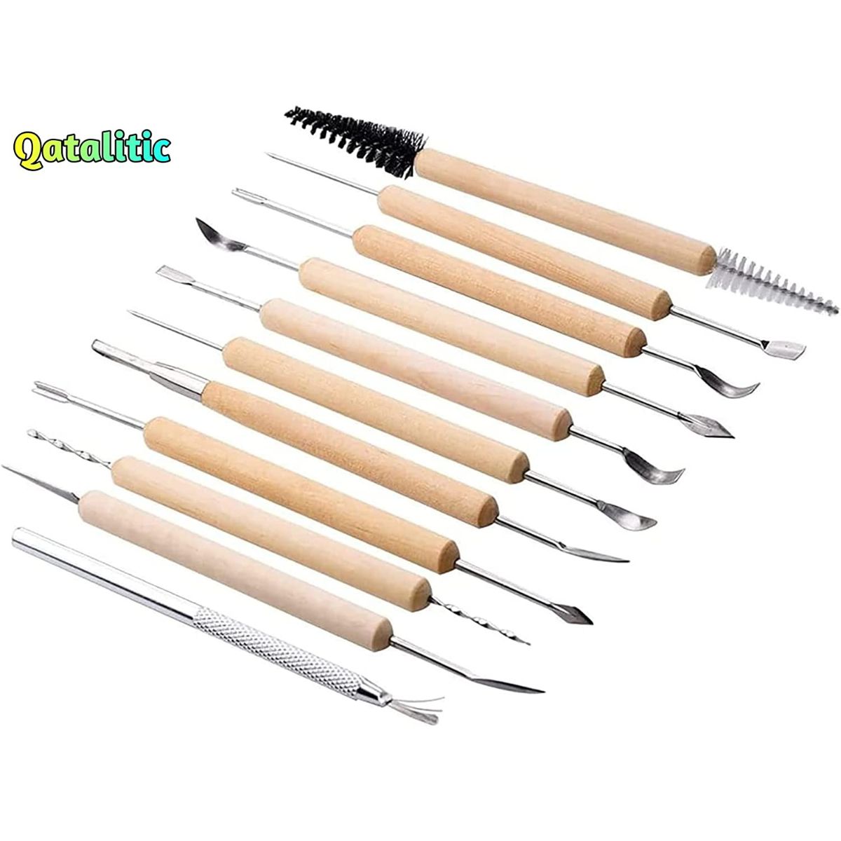 Qatalitic 11 Pcs Ceramic Wooden Handle Professional Tools Kit for Clay Pottery