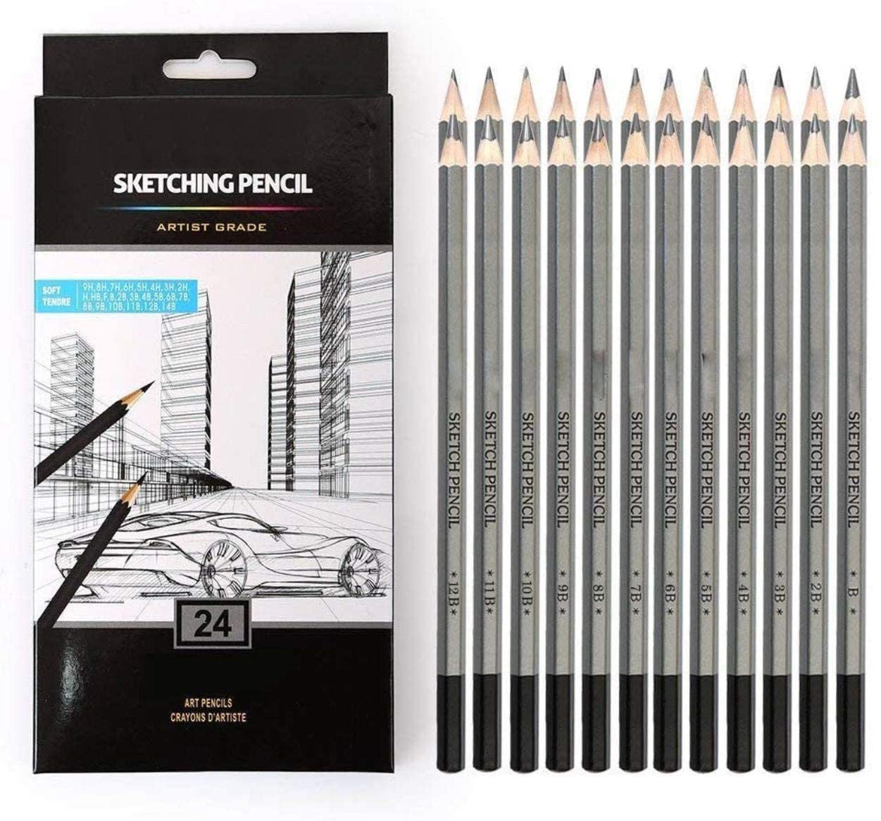 Qatalitic Set of 24 Sketching Pencils for Drawing and Fine Art, for Students, Professionals and Artists