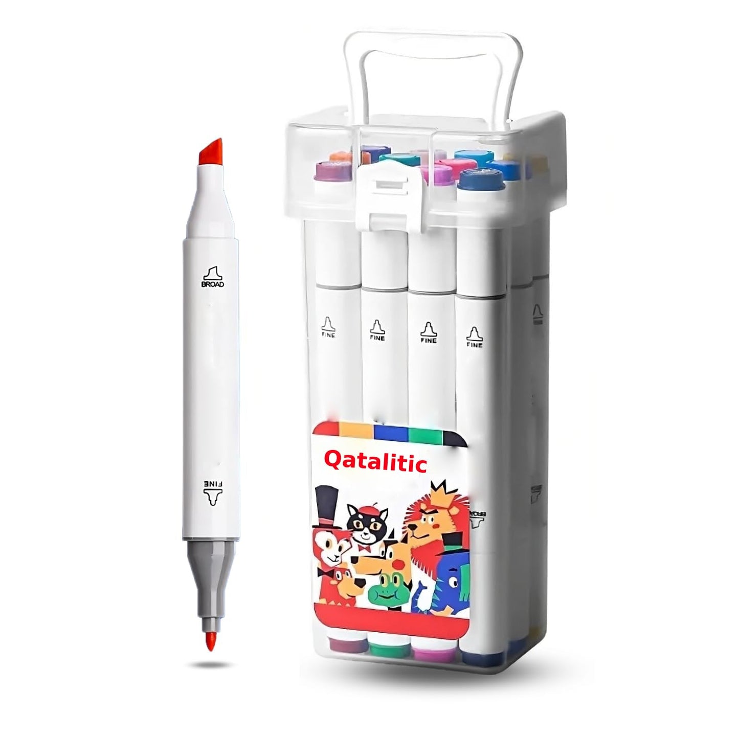 Qatalitic 12 Colours Alcohol Based Markers, Dual Tip Art Marker Set (Fine and Chisel Tip), with Carrying Plastic Box, For DIY Art, Colouring Illustrations, Great Value Pack For Kids, Adults & Students