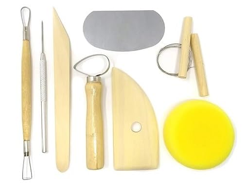 Qatalitic 8 Pcs Wooden Pottery Tool Kit with Sponge, for Sculpting Clay Tool Set, Includes Cutting, Modeling, Trimming, Smoothing, Cleaning, Carving and Shaping Tools