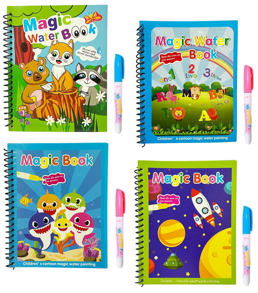 Qatalitic 4 Pcs Magic Water Coloring Books for Kids, Reusable Water Painting Drawing Book, with Doodle Pen, for Toddlers Aged 2-10 Years, Educational Toy for Growing Kids
