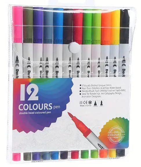 Qatalitic Set of 12 Dual Tip Brush Marker Pens, Brush Tip with Fine Liner 0.4 mm and Markers Pen with 1-2 mm Tip, Double Ended Painting Pen, Used for Drawing, Sketching