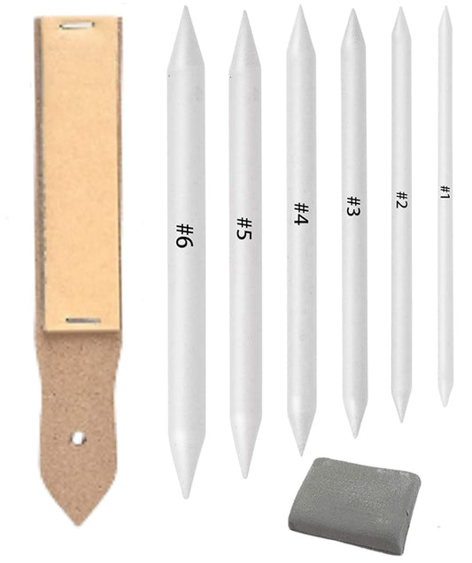 Qatalitic 6 Pcs Blending Paper Stumps Set with Sandpaper & Kneadable Art Eraser, Tortillons Paper Art Blenders & Sandpaper for Pencil Sharpener Pointer, Charcoal Sketch Drawing Tools, for Artists