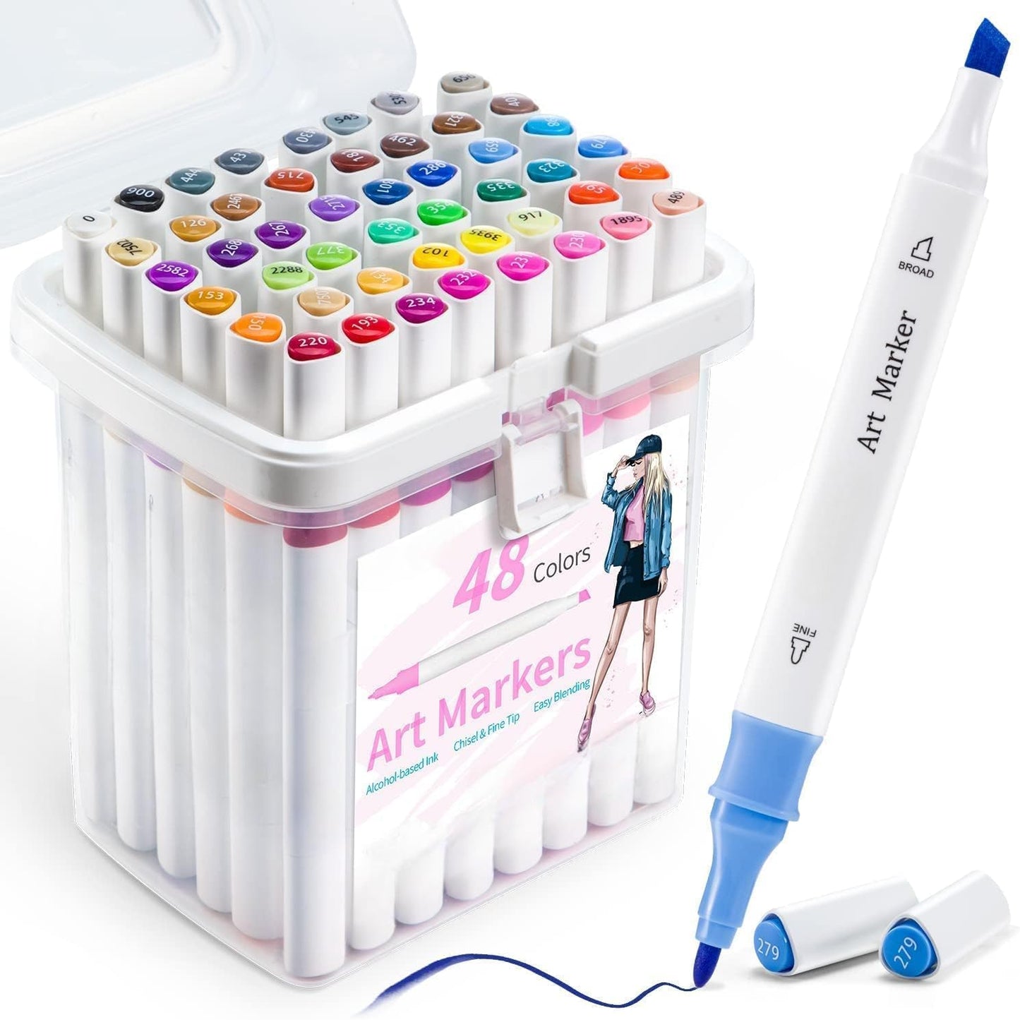 Qatalitic 48 Colours Alcohol Based Markers, Dual Tip Art Marker Set (Fine and Chisel Tip), with Carrying Plastic Box, For DIY Art, Colouring Illustrations, Great Value Pack For Kids, Adults & Students
