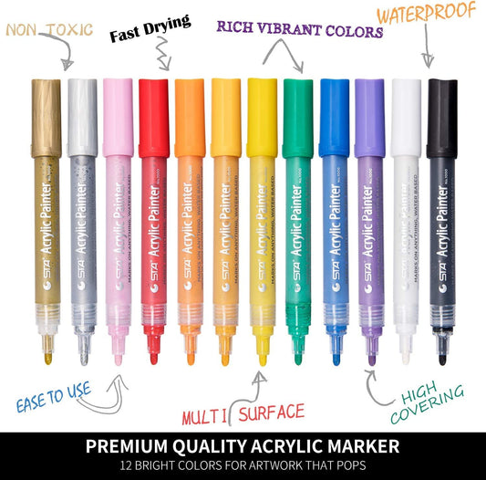 Qatalitic: Marker Pens for Painting Canvas, Glass, Mug, Wood, Fabric - set of 12 colors, Medium Tip in Multicolor - Ideal for DIY Crafts and Art Projects