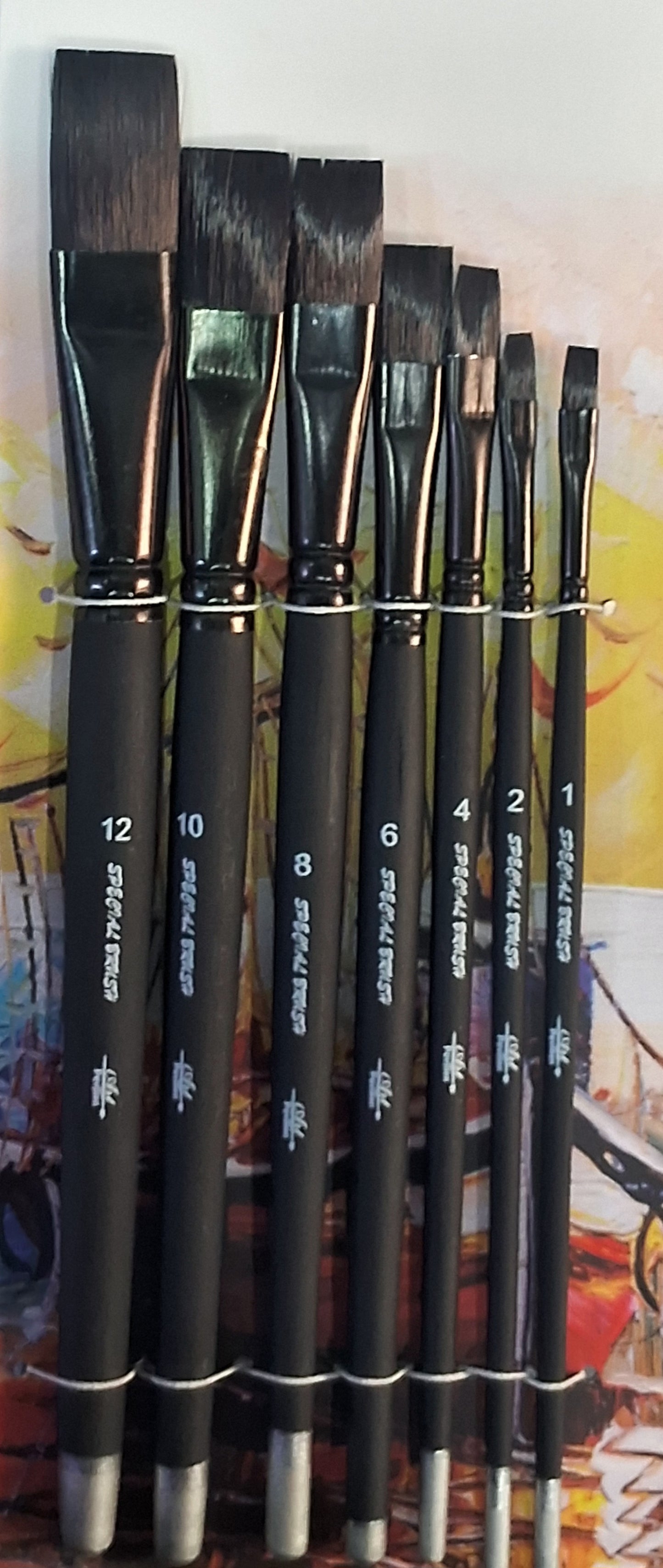 Qatalitic 7 Pcs Flat Paint Brush, Black and Matty Wooden Handle Brush Set, Size of (1,2,4,6,8,10,12), for Watercolour, Acrylic Colour, Poster Making and Oil Painting