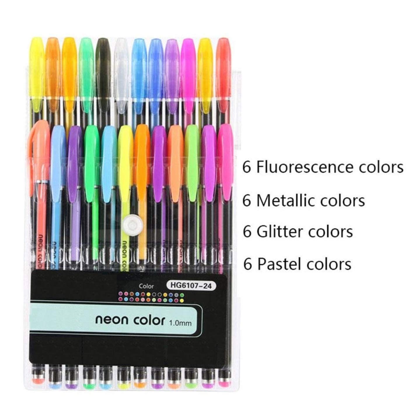 Qatalitic Set Of 24 Neon Fine Gel Pens Consisting Fluorescent, Metallic, Glitter, And Pastel Colour Pens For Diy Art & Crafts (Sketching, Drawing & Painting Purpose)