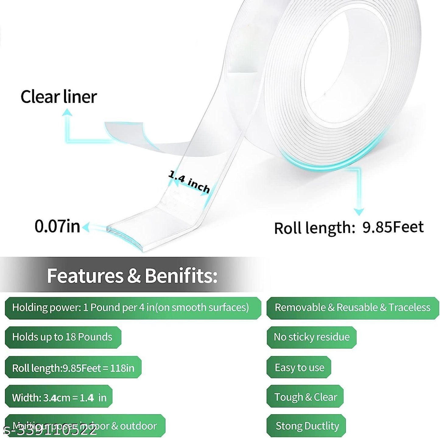 Qatalitic Double Sided Adhesive Tape 3 Meter x 1.4 inch Heavy Duty, Clear & Tough Nano, Removable, Reusable and Washable Transparent Adhesive Tape for DIY Art & Craft, Mounting Tape for Kitchen, Home Decor