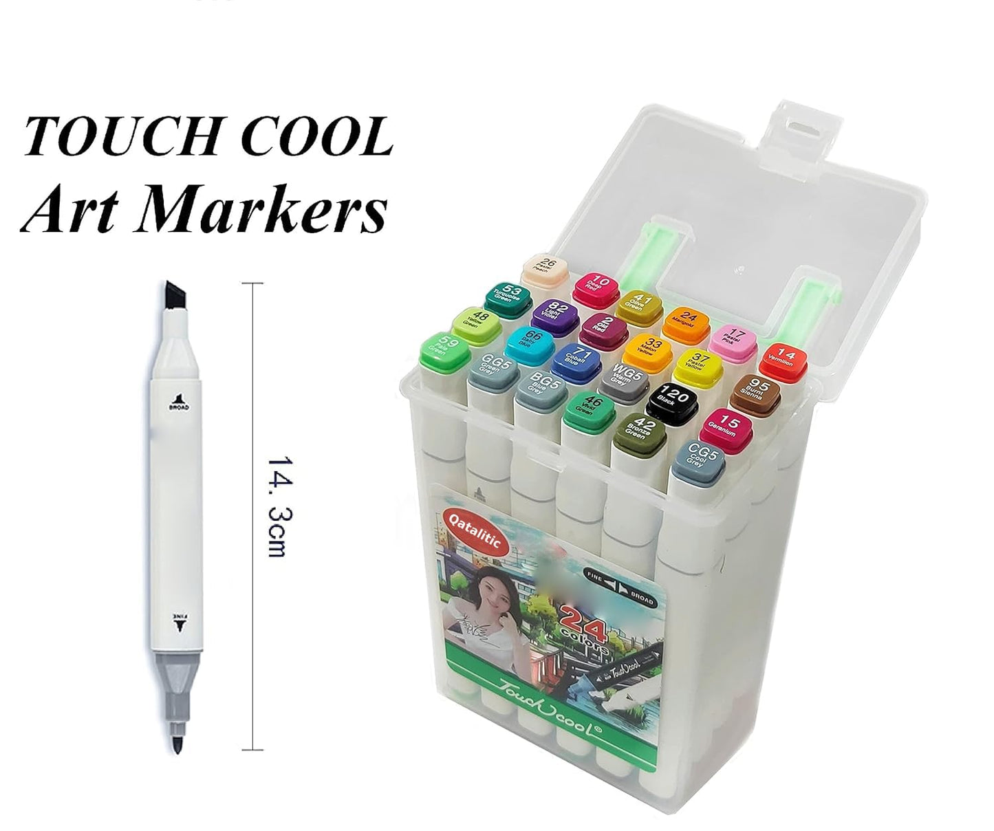 Qatalitic 24 Colours Alcohol Based Markers, Dual Tip Art Marker Set (Fine and Chisel Tip), with Carrying Plastic Box, For DIY Art, Colouring Illustrations, Great Value Pack For Kids, Adults & Students