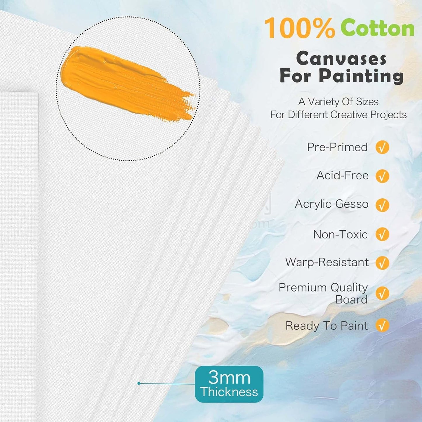 Qatalitic Cotton Canvas Boards for Painting, Pack of 8 Pcs. (2 Each x (5x7, 8x10, 9x12, 10x14 inches) - Multi Pack Art Paint Canvas Boards Set, 100% Cotton Blank Canvases for Oil, Acrylic