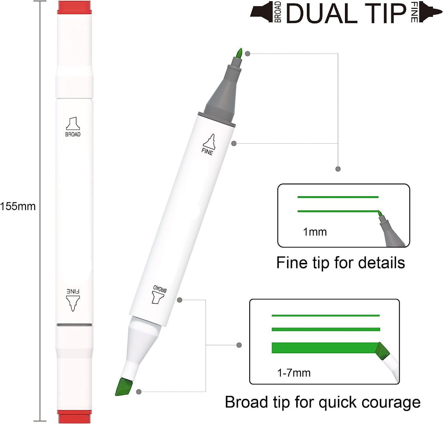 Qatalitic Set of 12 Colours Twin Head Art Markers Pen, Double Tipped (Fine and Chisel) Alcohol - Based Marker Set with Carrying Plastic Box, For Manga, Art Lovers, Designers And Artists (White Body)