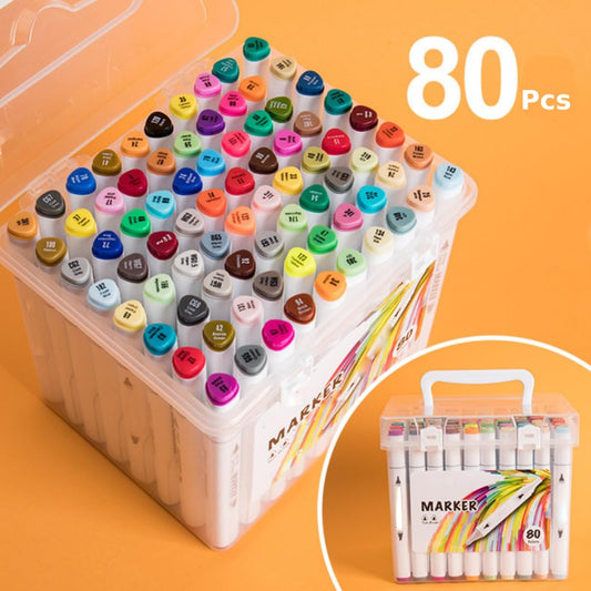 Qatalitic 80 Colours Alcohol Based Markers, Dual Tip Art Marker Set (Fine and Chisel Tip), with Carrying Plastic Box, For DIY Art, Colouring Illustrations, Great Value Pack For Kids, Adults & Students