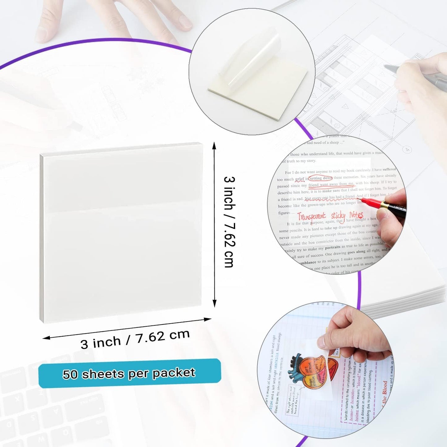 Qatalitic Transparent Sticky Notes (100 Sheets) - 3 x 3 inch, Clear Sticky Notes Waterproof Self-Adhesive Removable, Perfect for Reminders, Books Annotation and for School & Office