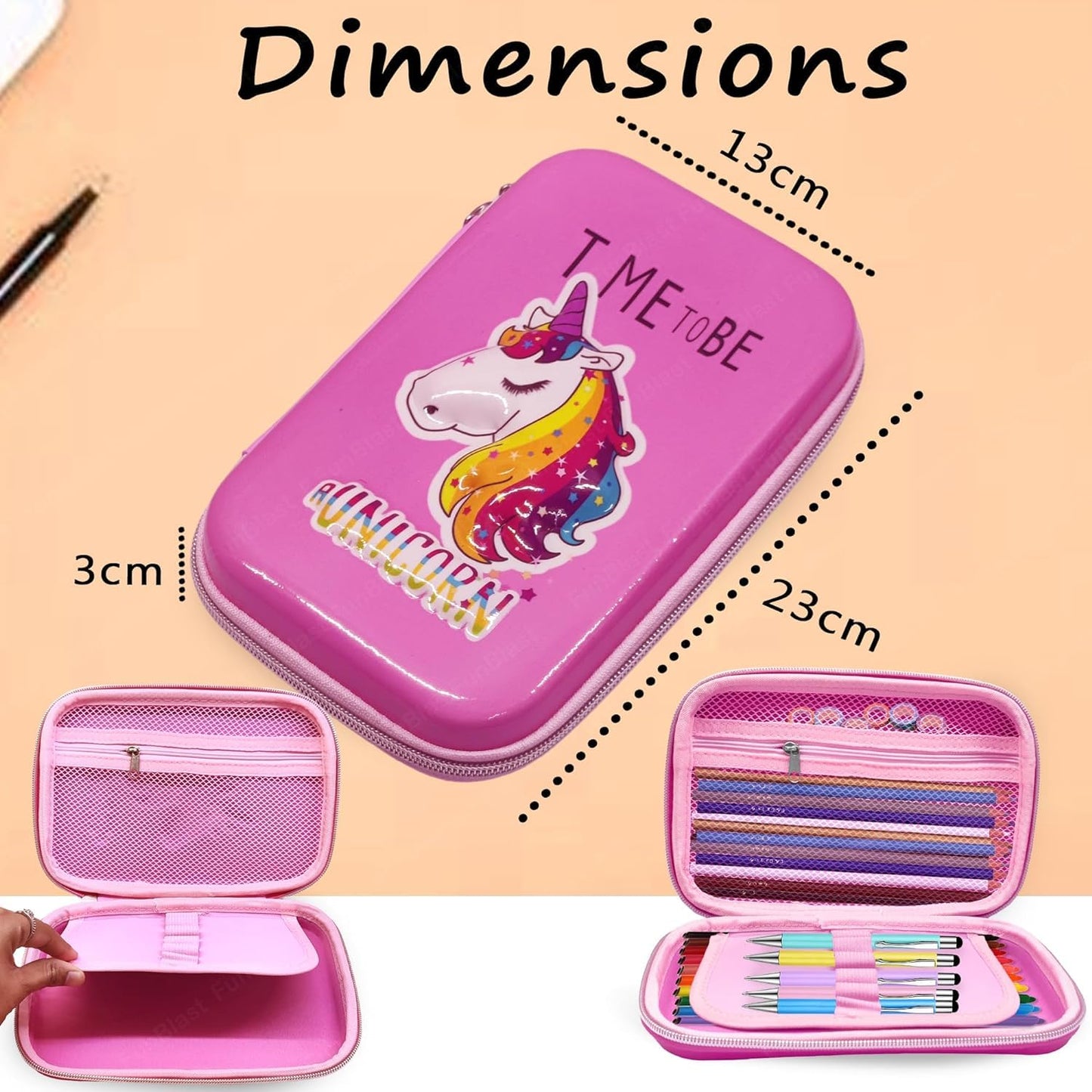 Qatalitic Big Size EVA 3D Cover Pencil Case, Large Capacity (Mini Unicorn) Pencil Case with Compartments, School Pouch Organizer for Students, Stylish Pen Holder Pouch, Art Pencil Box (Pink)