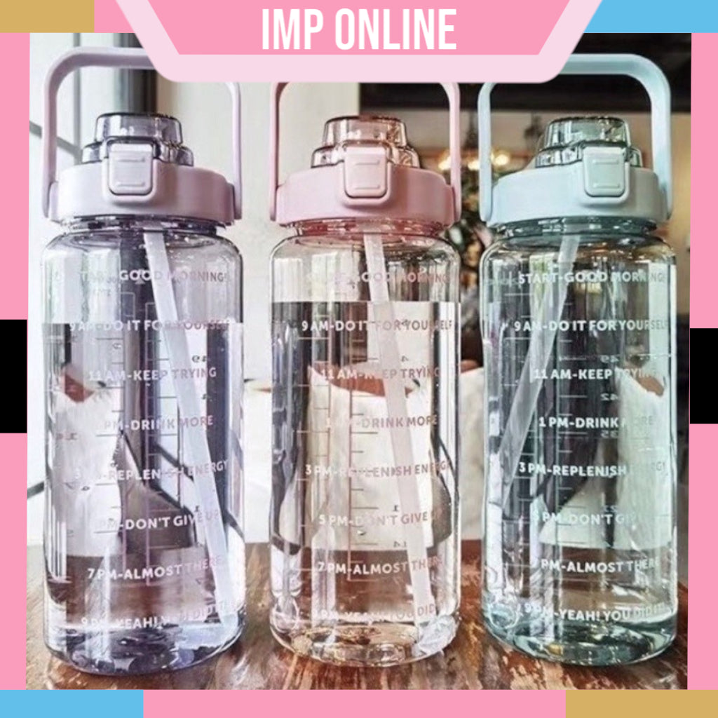 Veriexpress Stylish Plastic 2 L Capacity Belt Straw Transparent Motivational Water Bottles|Time Marker Leak Proof&Break-Proof|Best Usage For Office/School/Gym/Travel Bottle|Bpa-Free Fitness Sports Bottle
