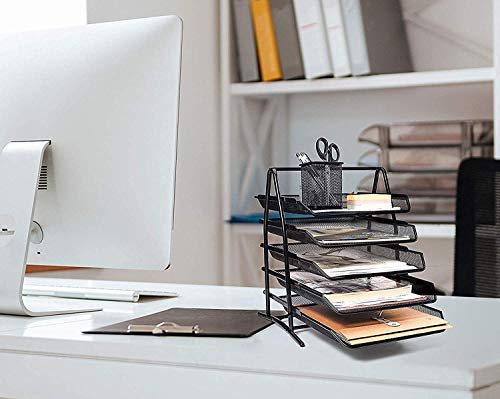 Qatalitic 5 Tier Mesh Metal Desk Organiser File, Rack Letter Tray, A4 Papers, Documents Holder Desk Organizer with slidable compartments for Office-Black
