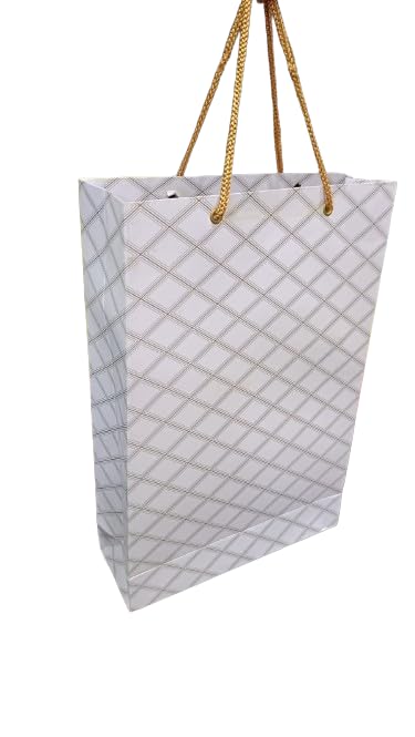 Qatalitic Designer Gift Paper Bags (Pack of 5), Size (13 x 8.8 x 3 inches) Goodie Bags for Return Gifts, Carry Bags for Presents, Weddings, Birthday, and Corporate Events, 200GSM Thickness Gold checks