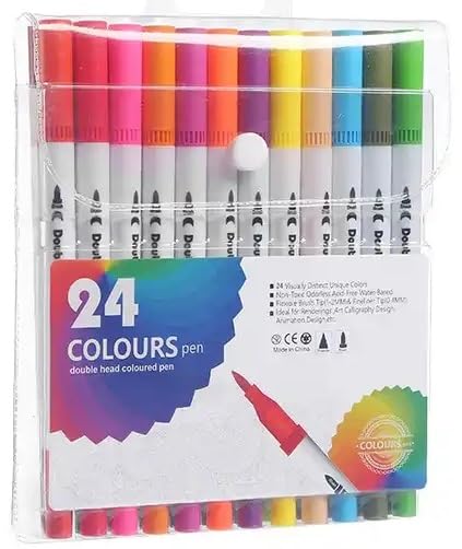 Qatalitic Dual Tip Brush Pens 24 Color Felt Tip Pen Set with Fineliners,  Watercolor Marker, And Highlighters Ideal for Coloring, Drawing,