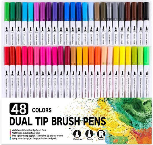 Watercolor Marker Pen Set Dual Head Water Based Drawing Soft Brush Fineline Tip Color Pen Journaling Art School Supplies For Kids Adult Coloring Book Teachers Students Calligraphy Writing (48 pack)