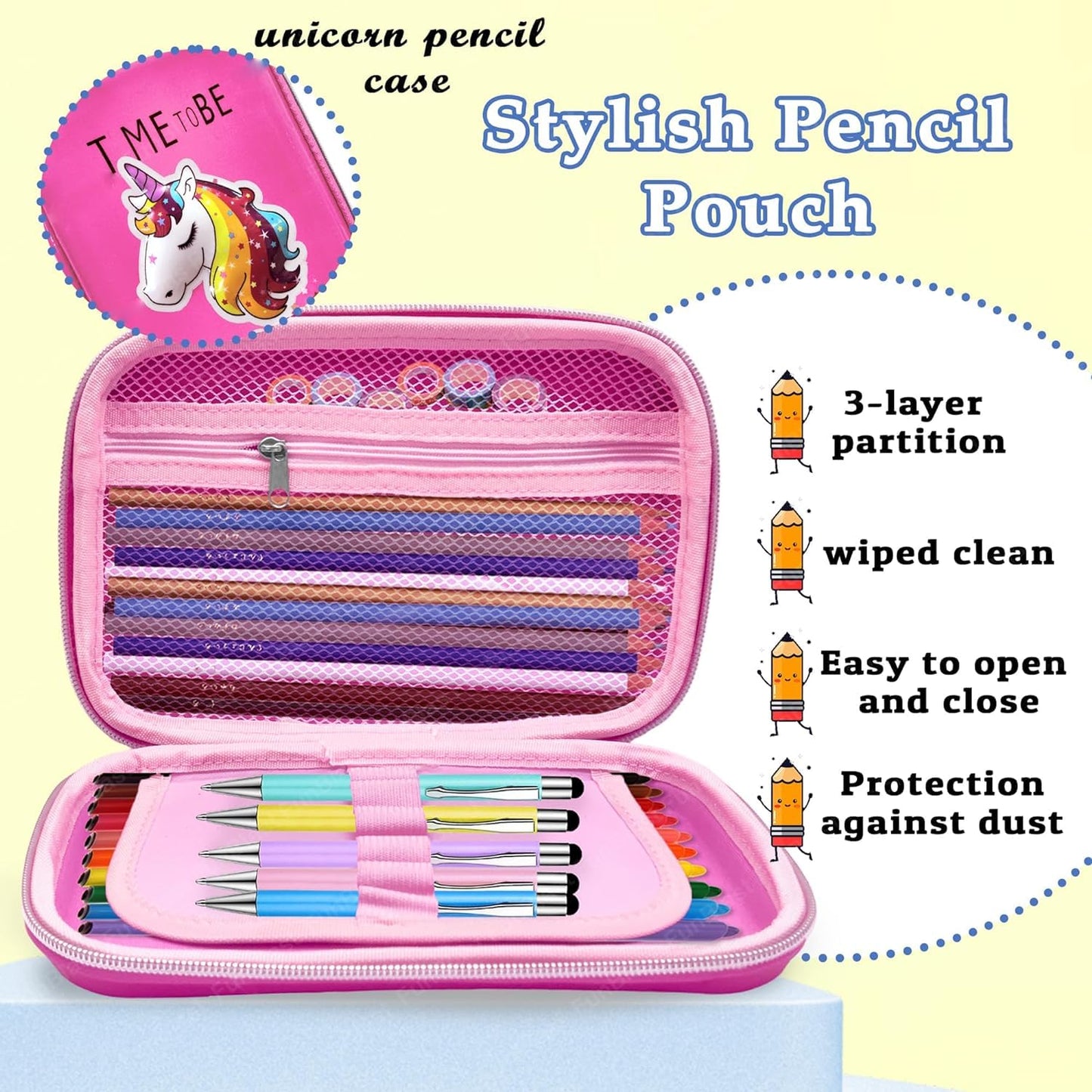 Qatalitic Big Size EVA 3D Cover Pencil Case, Large Capacity (Mini Unicorn) Pencil Case with Compartments, School Pouch Organizer for Students, Stylish Pen Holder Pouch, Art Pencil Box (Pink)