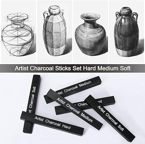 Qatalitic 6 PCS Compressed Charcoal Stick Drawing Charcoal Assorted Hard Medium Soft for Sketching, Drawing, Shading - Black