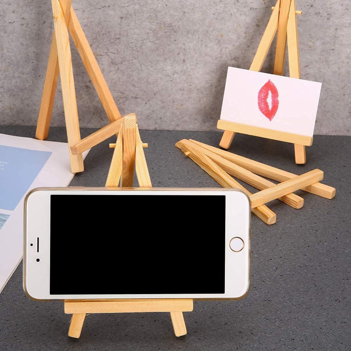 Qatalitic 6 Inch (Set of 10pc.) Mini Wooden Easel Stand, Adjustable Small Tabletop
