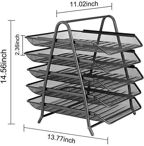 Qatalitic 5 Tier Mesh Metal Desk Organiser File, Rack Letter Tray, A4 Papers, Documents Holder Desk Organizer with slidable compartments for Office-Black