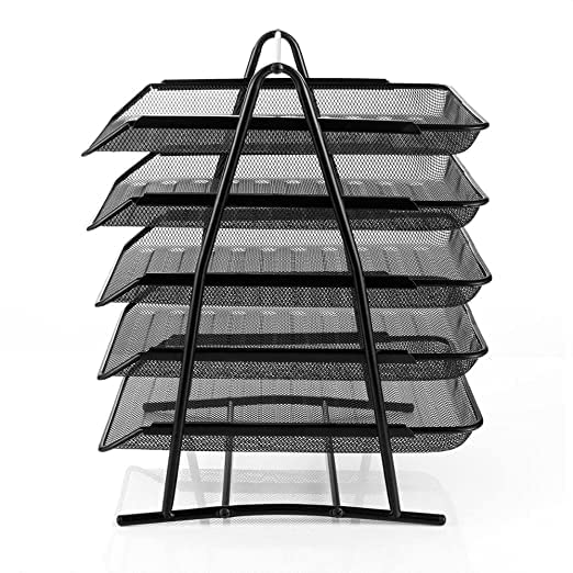 Qatalitic 5 Tier Mesh Metal Desk Organiser File, Rack Letter Tray, A4 Papers, Documents Holder Desk Organizer with slidable compartments for Office-Black