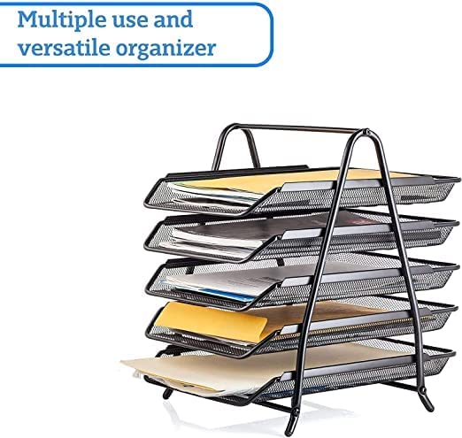 Qatalitic 5 Tier Mesh Metal Desk Organiser File, Rack Letter Tray, A4 Papers, Documents Holder Desk Organizer with slidable compartments for Office-Black