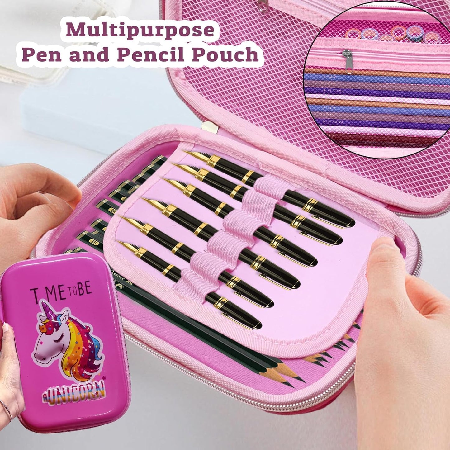 Qatalitic Big Size EVA 3D Cover Pencil Case, Large Capacity (Mini Unicorn) Pencil Case with Compartments, School Pouch Organizer for Students, Stylish Pen Holder Pouch, Art Pencil Box (Pink)