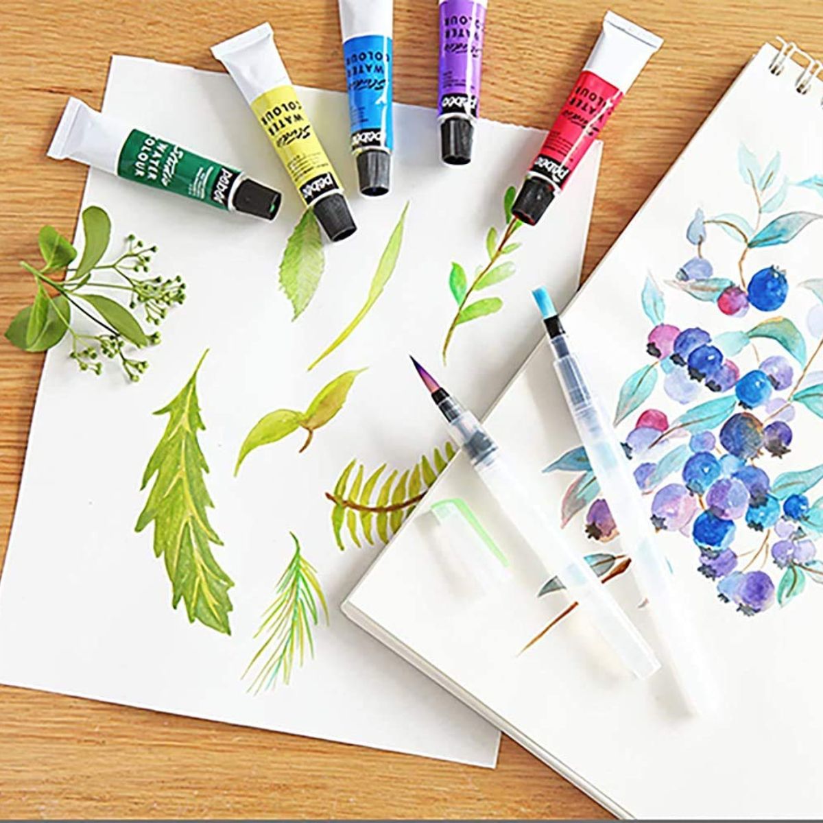 Water Brush Pens – Set of 6 Different Sizes (3 Round Tips and 3 Flat)