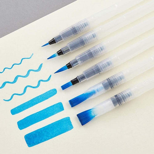 Qatalitic Water Brush Pens Set Of 6 Different Sizes (3 Round Tips And 3 Flat) Both In Fine, Medium & Large - Great For Watercolor Paints, Illustrations, Calligraphy, Markers - Multicolor