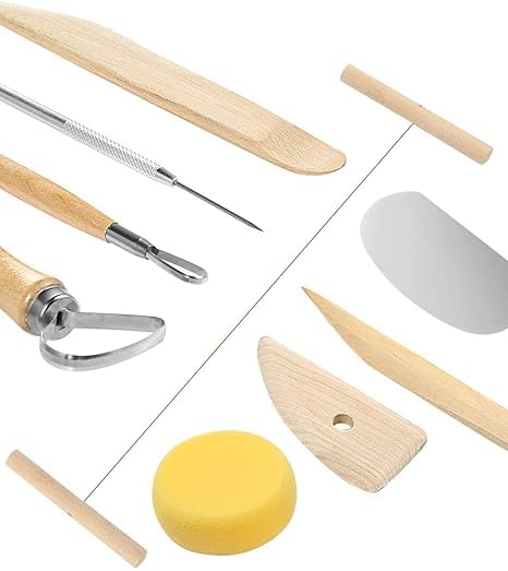 Qatalitic 8 Pcs Wooden Pottery Tool Kit with Sponge, for Sculpting Clay Tool Set, Includes Cutting, Modeling, Trimming, Smoothing, Cleaning, Carving and Shaping Tools