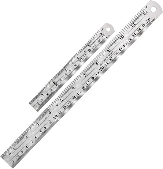Qatalitic 2 Pcs Stainless Steel Ruler Scale, Measuring 30cm and 15cm, Imperial, Metric Measurement and Conversion Table, Heavy Duty Stainless Steel, Engineering College, School, Office and Architect