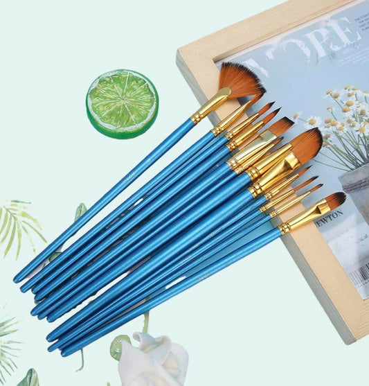 Qatalitic 12 Pcs Paint Brush, Wooden Handle Mix Synthetic Hair Paintbrush Set of 12 Round, Filbert, Fan Nylon Bristles, For Canvas, Watercolour, Acrylic and Oil Painting