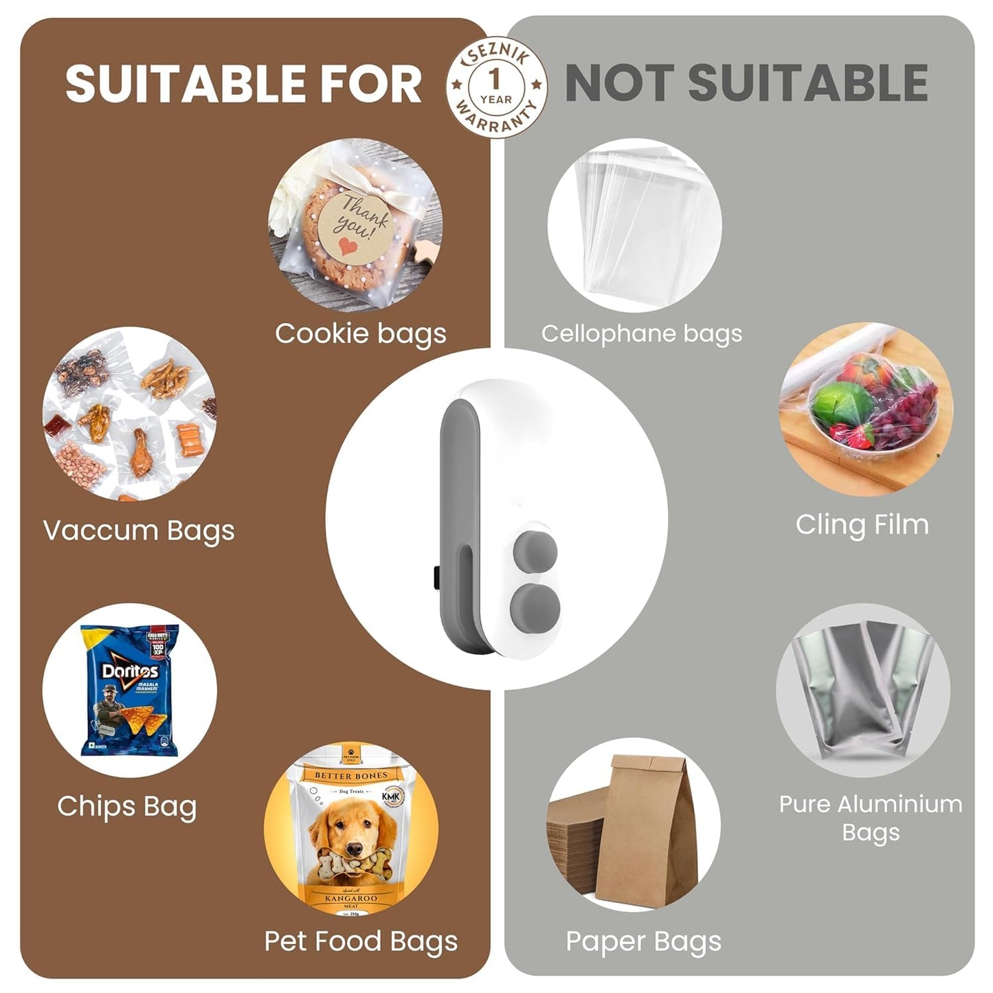 VeriXpress Portable Mini Sealing Machine, 2 in 1 USB Rechargeable Magnetic Heat Sealing & Cutting, for Food, Snacks, Chips, Fresh Storage, Plastic Bags Sealing Machine 1 YEAR Warranty (White)