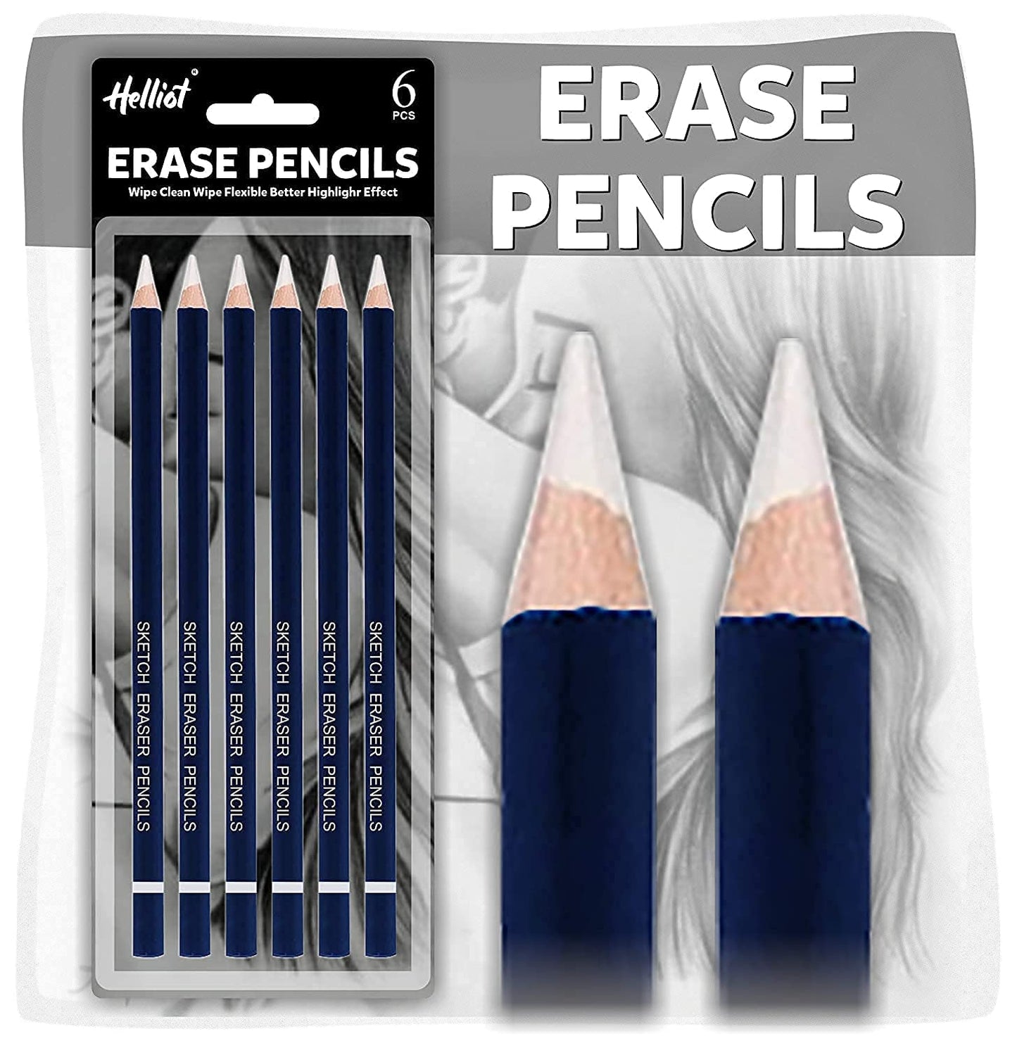 Qatalitic Artist Pencil Erasers - Set of 6,  Sharpenable, non toxic,  for Sketching & Drawing (White & Blue)