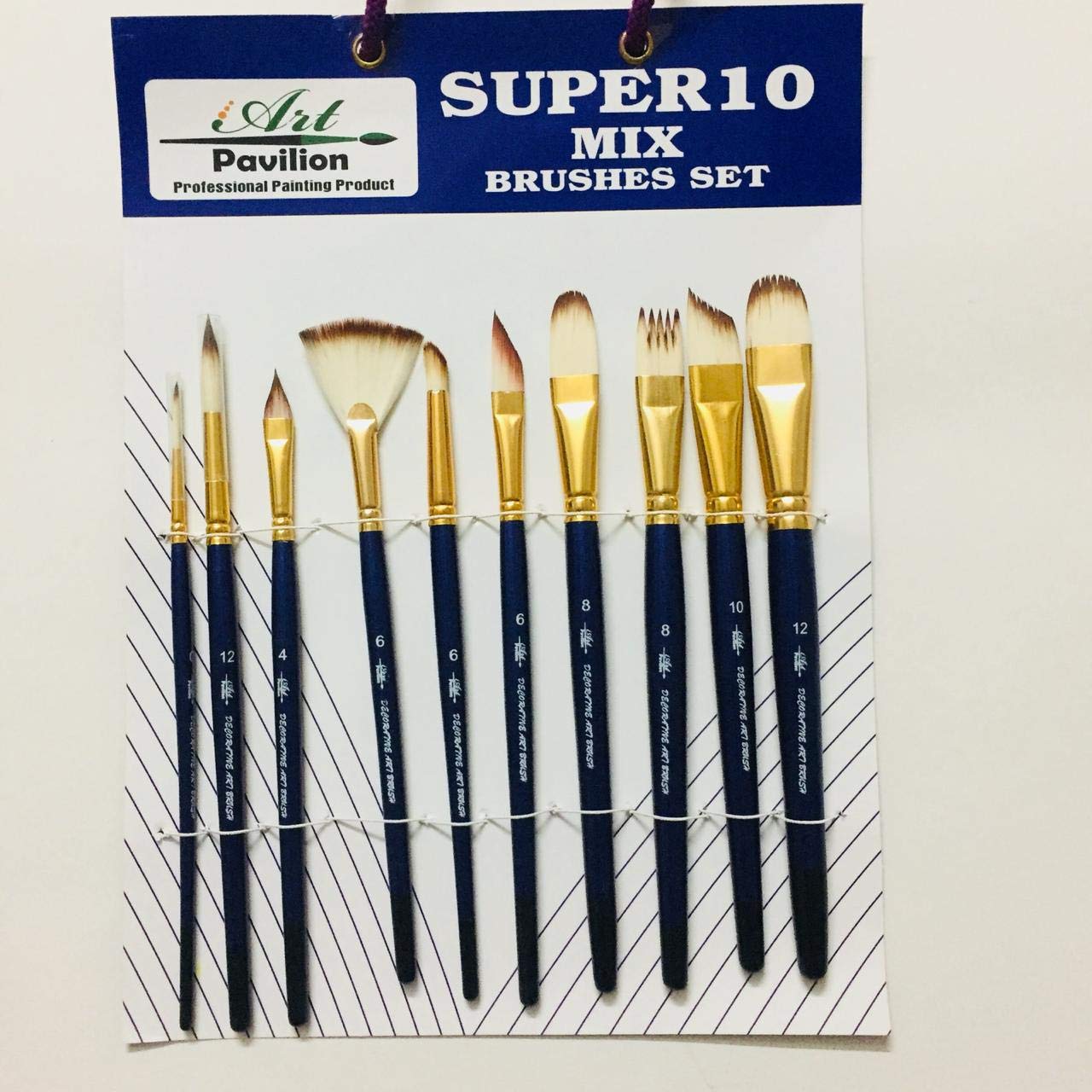 Qatalitic 10 Pcs Paint Brush, Wooden Handle Mix Synthetic Hair Paintbrush Set of 10 Round, Filbert, Fan Nylon Bristles, For Canvas, Watercolour, Acrylic and Oil Painting