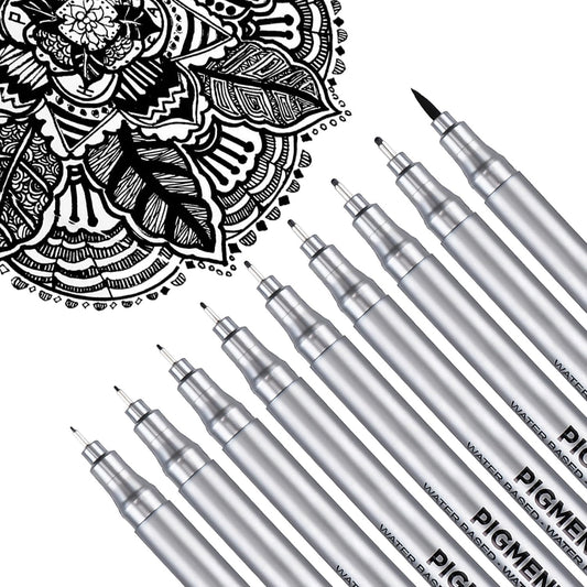 Qatalitic 9 Pcs Black Micro-Pen Fineliner Drawing Ink Pens, Waterproof Archival Black Pigment Writing Drawing Pens, Assorted Point Sizes for Sketching, Anime, Manga, Technical Drawing, Scrapbooking