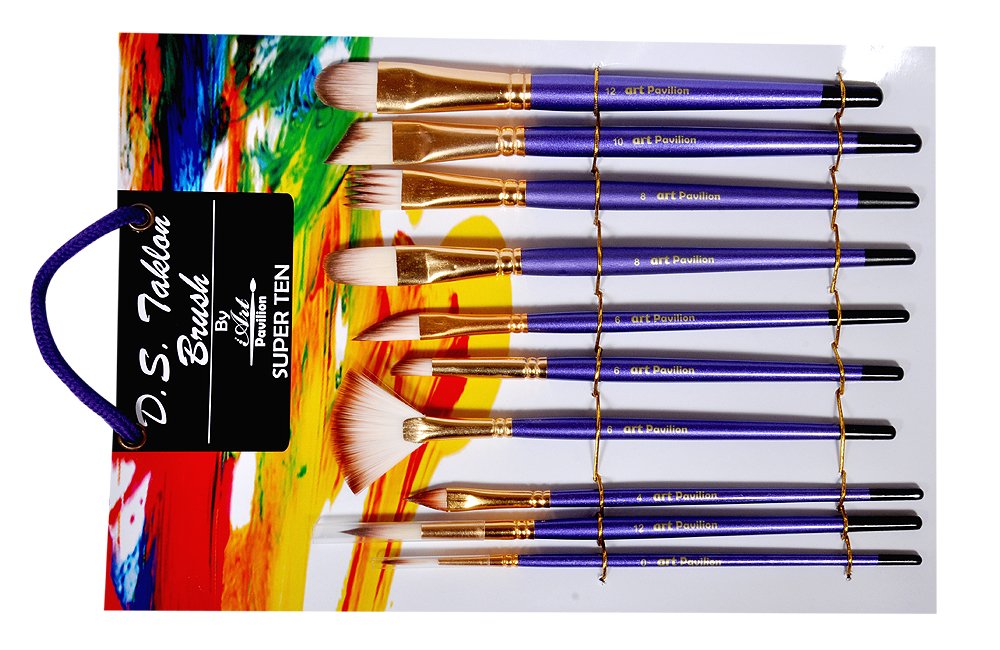 Qatalitic 10 Pcs Paint Brush, Wooden Handle Mix Synthetic Hair Paintbrush Set of 10 Round, Filbert, Fan Nylon Bristles, For Canvas, Watercolour, Acrylic and Oil Painting
