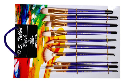 Qatalitic 10 Pcs Paint Brush, Wooden Handle Mix Synthetic Hair Paintbrush Set of 10 Round, Filbert, Fan Nylon Bristles, For Canvas, Watercolour, Acrylic and Oil Painting
