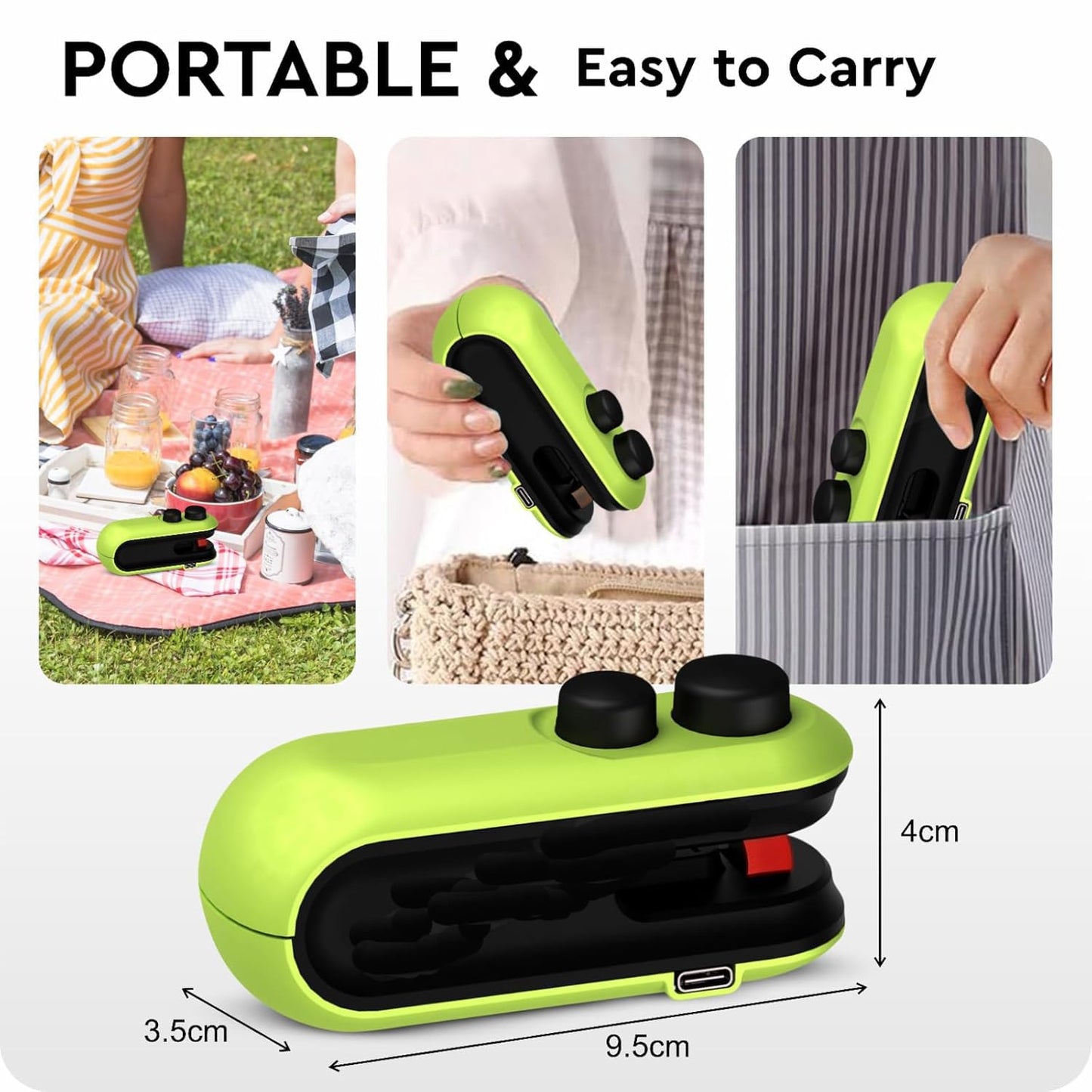 VeriXpress Portable Mini Sealing Machine, 2 in 1 USB Rechargeable Magnetic Heat Sealing & Cutting, for Food, Snacks, Chips, Fresh Storage, Plastic Bags Sealing Machine 1 YEAR Warranty (Green)
