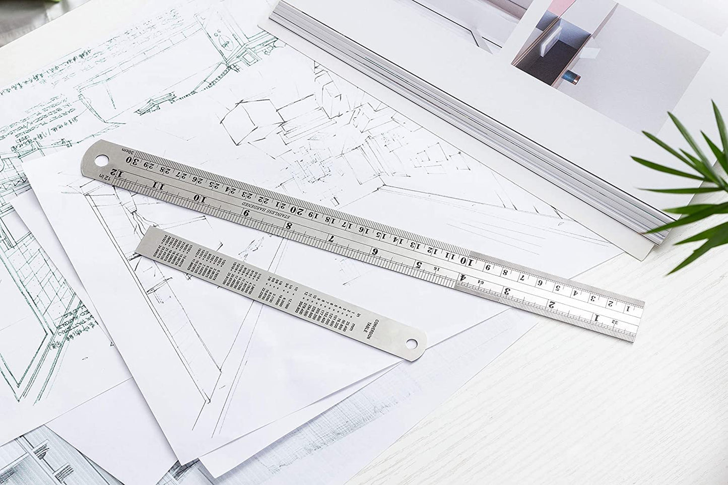 Qatalitic 2 Pcs Stainless Steel Ruler Scale, Measuring 30cm and 15cm, Imperial, Metric Measurement and Conversion Table, Heavy Duty Stainless Steel, Engineering College, School, Office and Architect