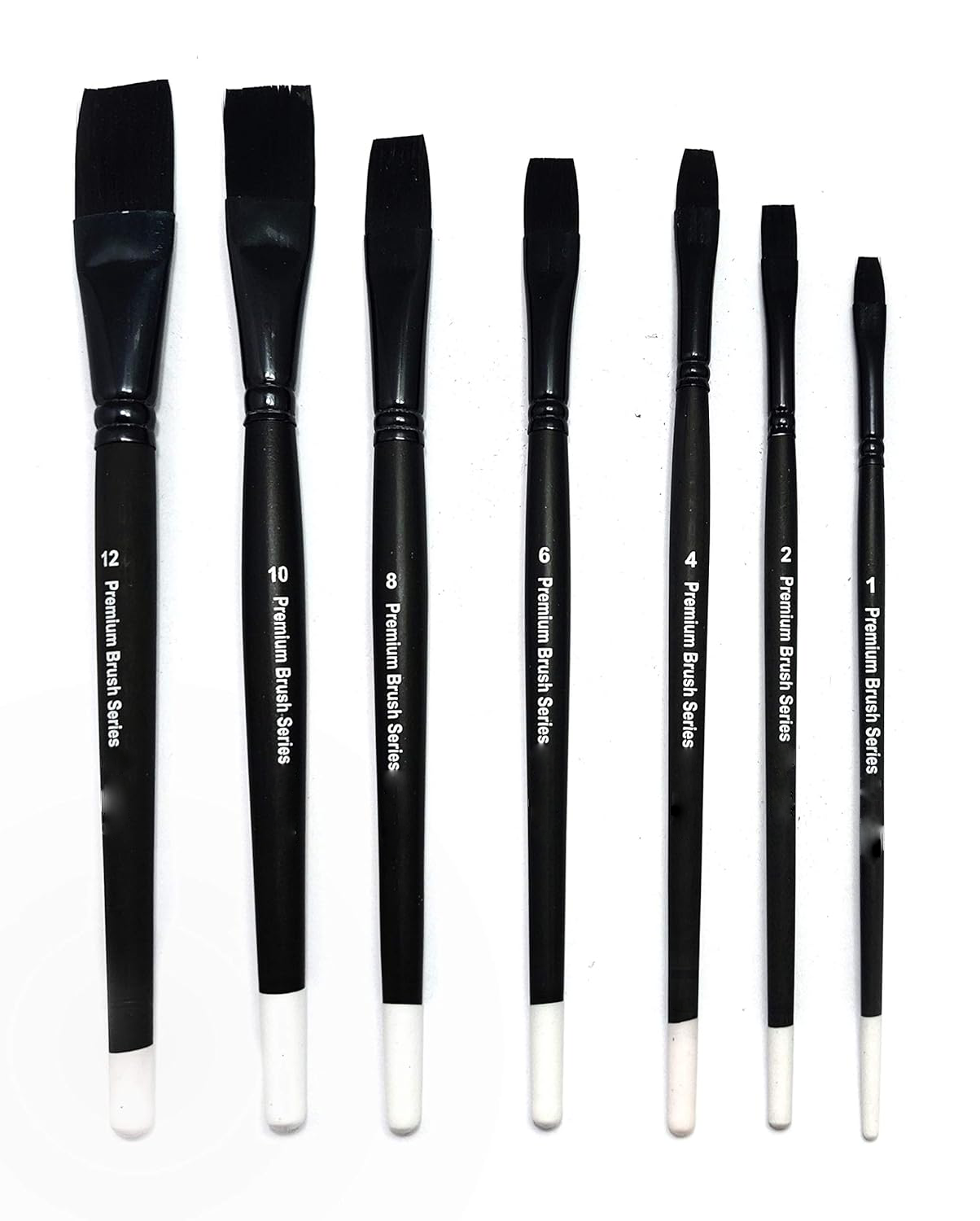 Qatalitic 7 Pcs Flat Paint Brush, Black and Matty Wooden Handle Brush Set, Size of (1,2,4,6,8,10,12), for Watercolour, Acrylic Colour, Poster Making and Oil Painting
