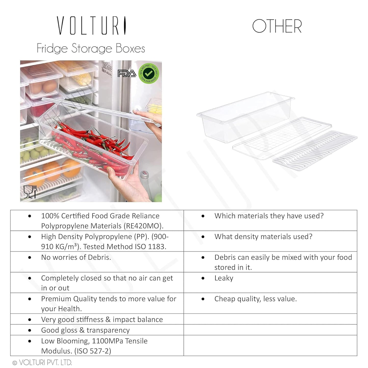 VOLTURI Fridge Storage Boxes (Pack of 6), Fridge Organisers with Removable Drain Plate, Fridge Storage Containers Keeps Fruits, Vegetables, Pantry Items Stackable, Space-Saving Storage Box Set, 1.5L