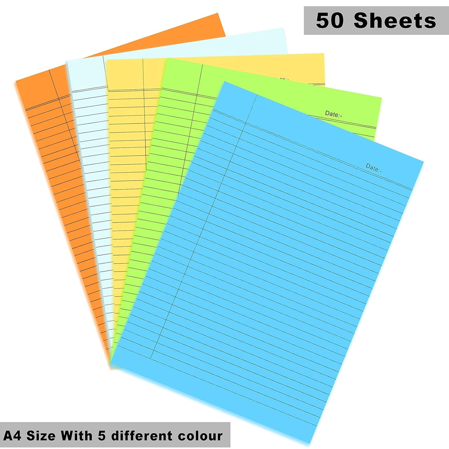QATALITIC A4 SIZE RULED PAPER | Single Side Ruled | 5 Colours-Pack of 50 Sheets |Colorful & Fun! Organize Your Schoolwork (Projects, Assignments)