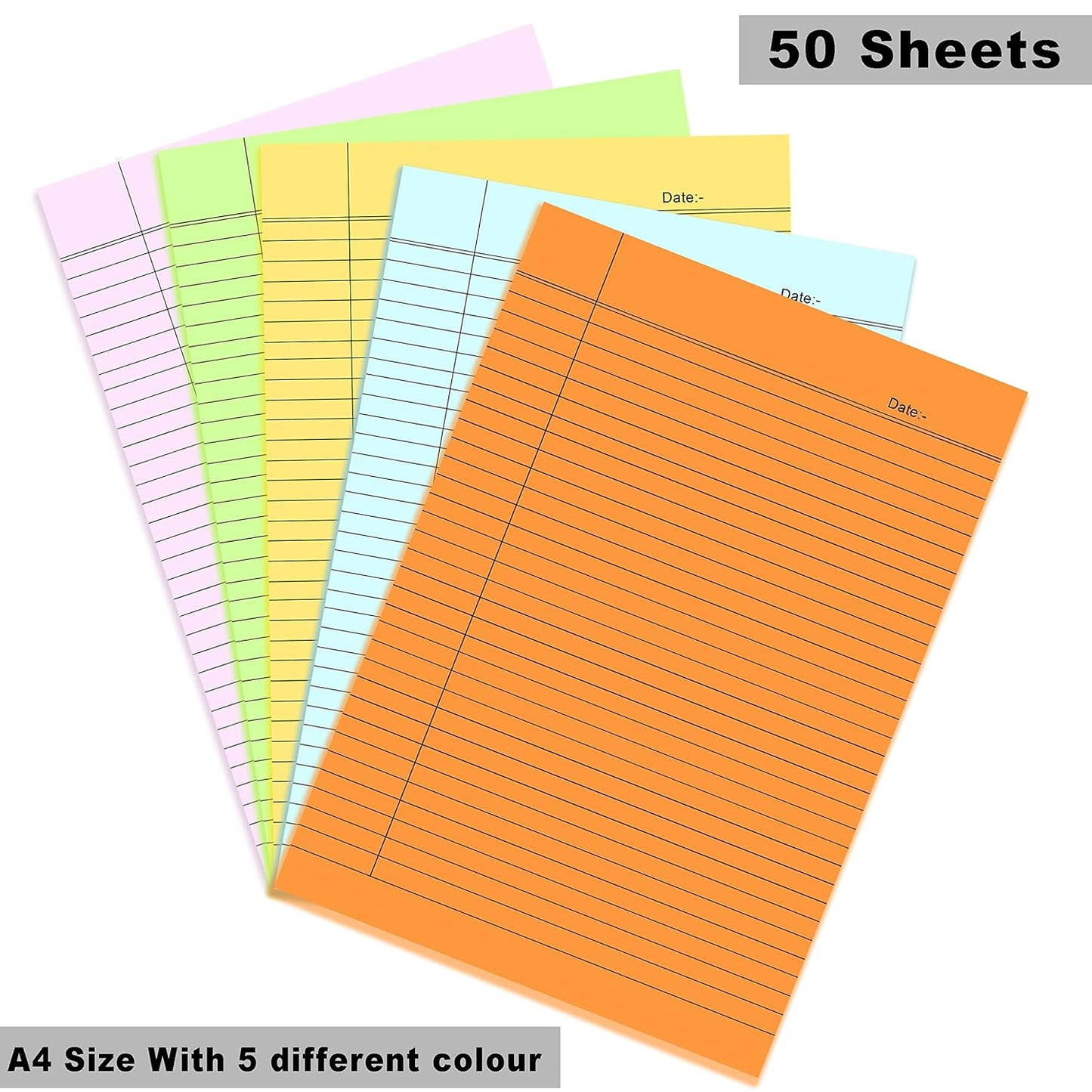QATALITIC A4 SIZE RULED PAPER | Single Side Ruled | 5 Colours-Pack of 50 Sheets |Colorful & Fun! Organize Your Schoolwork (Projects, Assignments)