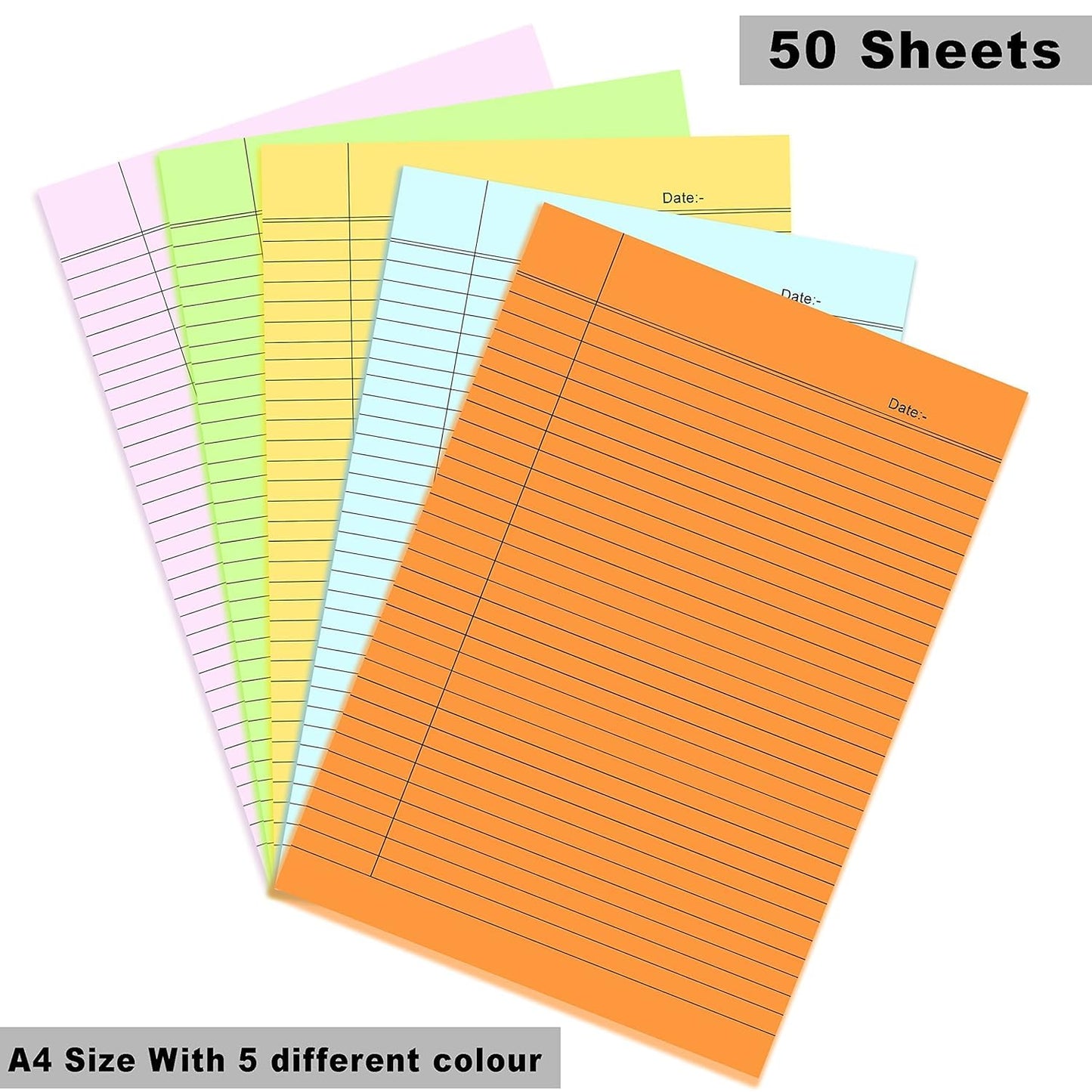Qatalitic A4 Size Ruled Paper-Single Side Ruled | 5 Colours-Pack of 50 Sheets | for Project/Assignment/Practical/Homework